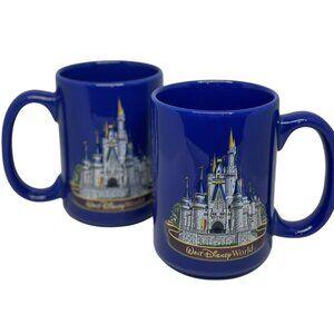 Walt Disney World Souvenir Mug Deep Blue - Magic Kingdom Relief 4.75"| Set of 2